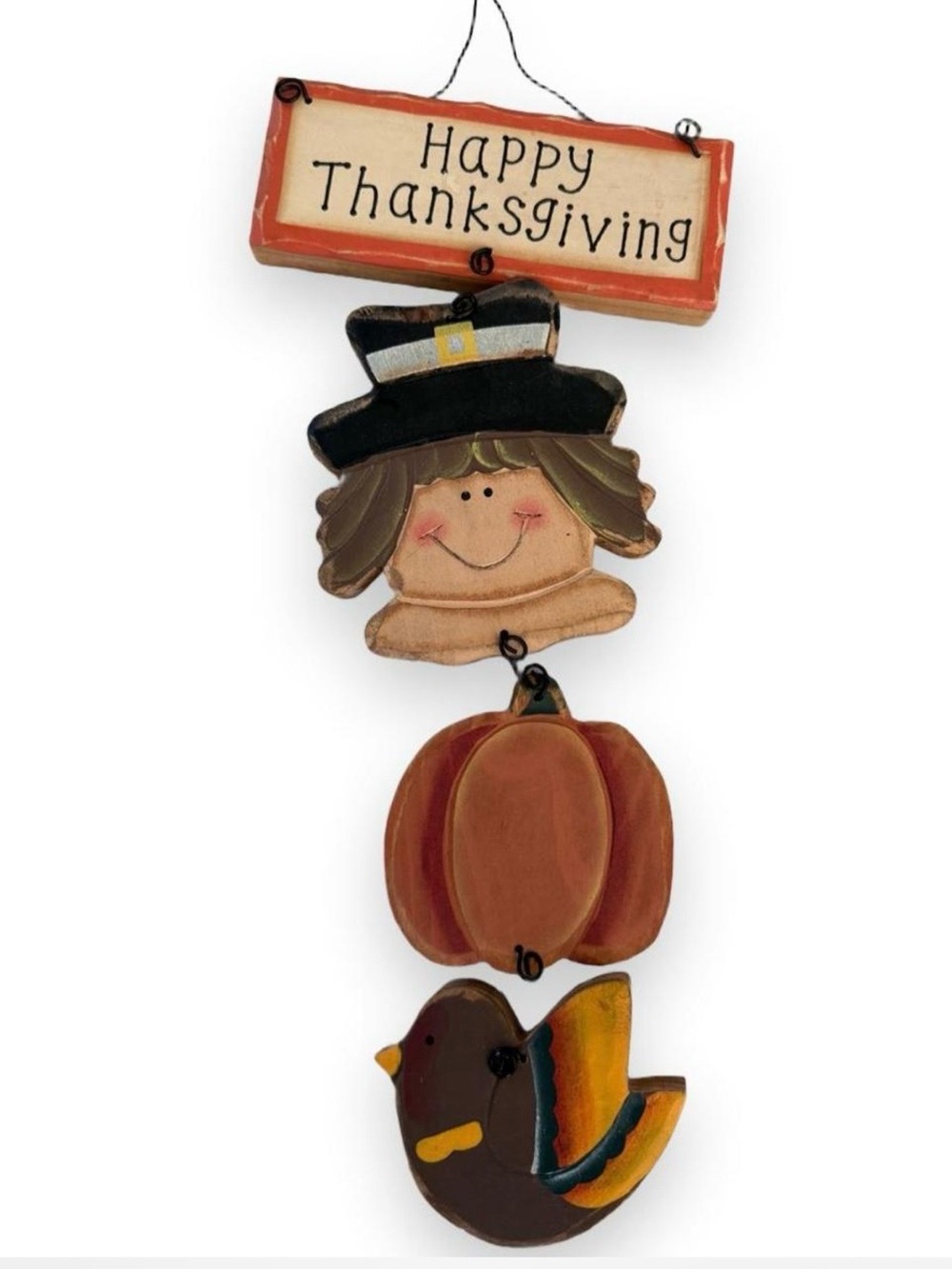 Happy Thanksgiving Hanging Sign with Orange Pumpkin & Brown Bird